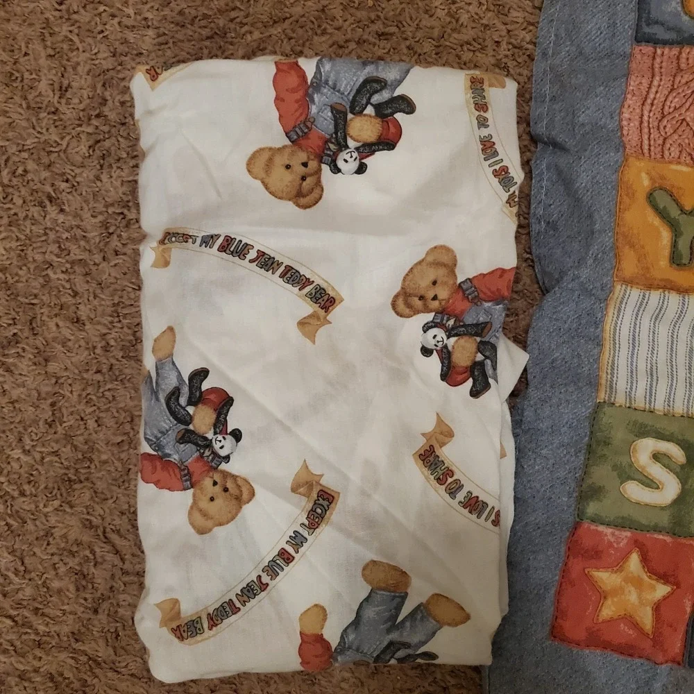 Quilted Blue Jean Teddy Bear Blocks Quilt Baby Blanket Wall Hanging‎ + Sheet